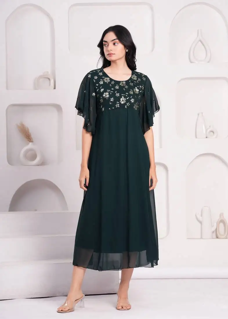 Women georgette fabric bottlegreen color round neck calf length half sleeve dress