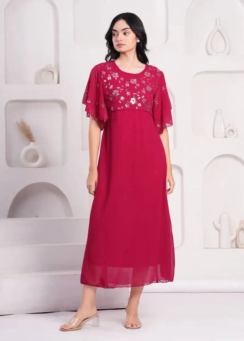 Women georgette fabric ranipink color round neck calf length half sleeve dress