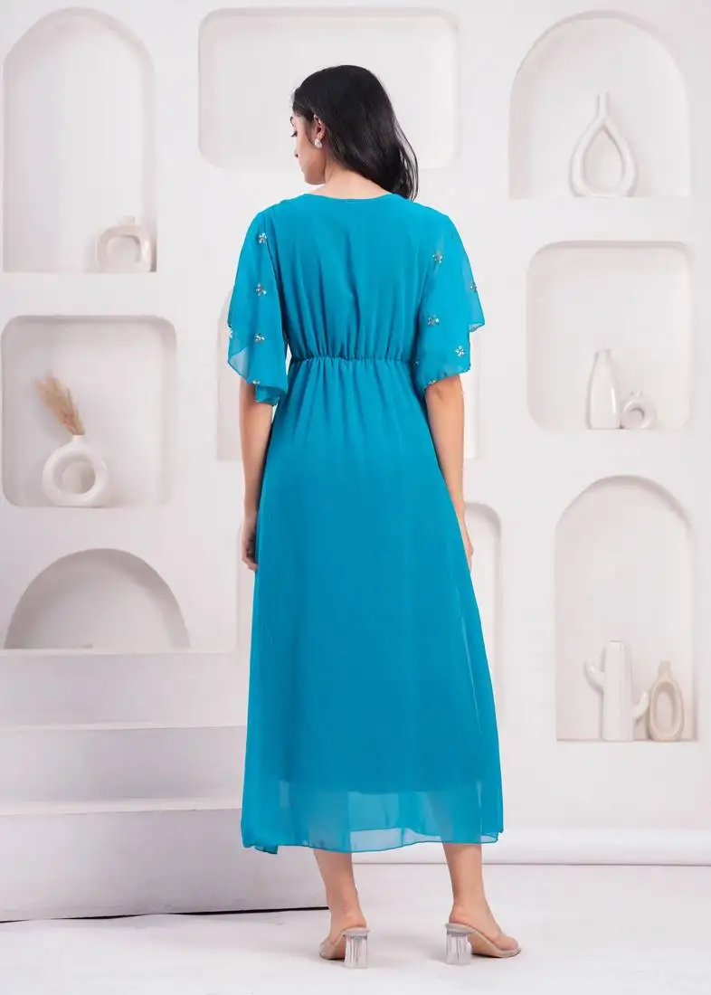 Women georgette fabric tealblue color round neck calf length half sleeve dress