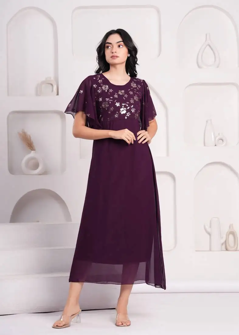 Women georgette fabric wine color round neck calf length half sleeve dress