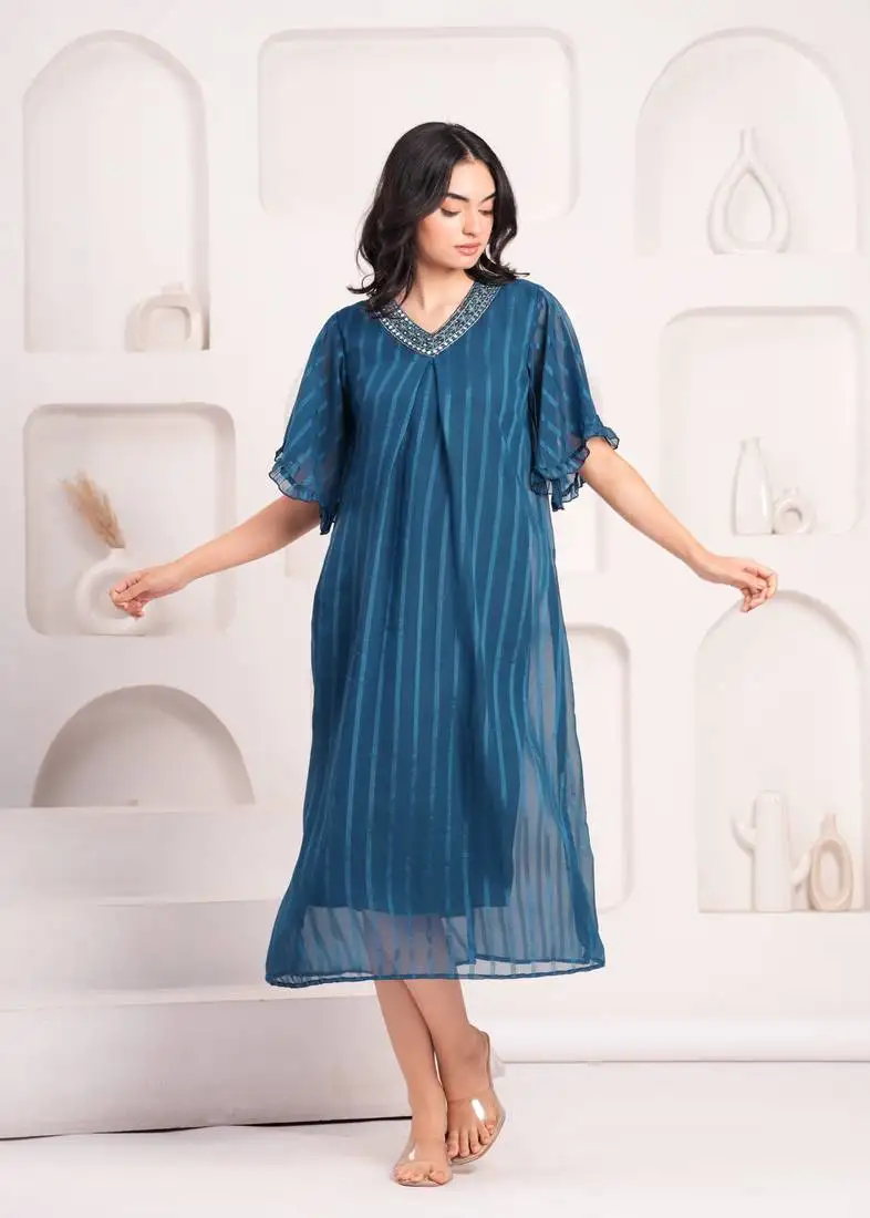 Women georgette fabric blue color v neck calf length half sleeve dress