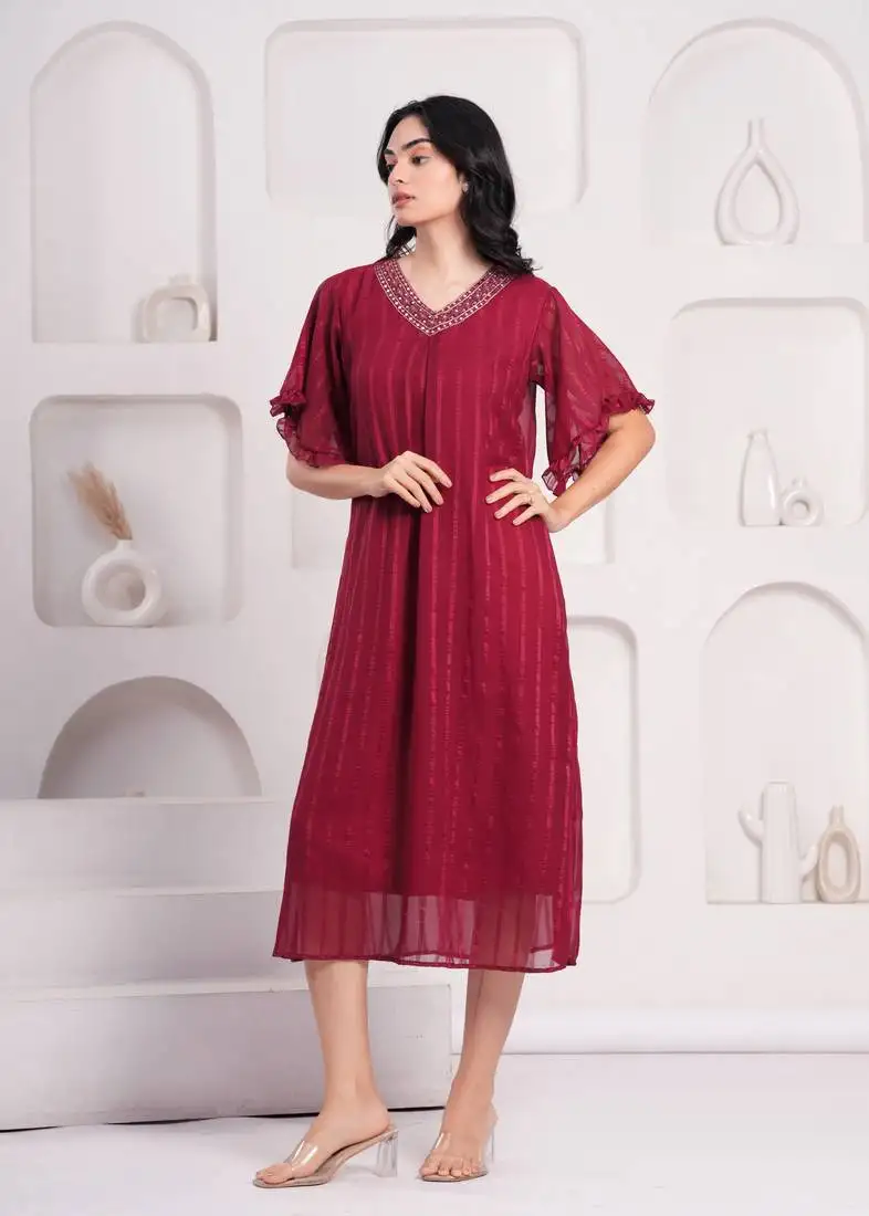 Women georgette fabric maroon color v neck calf length half sleeve dress