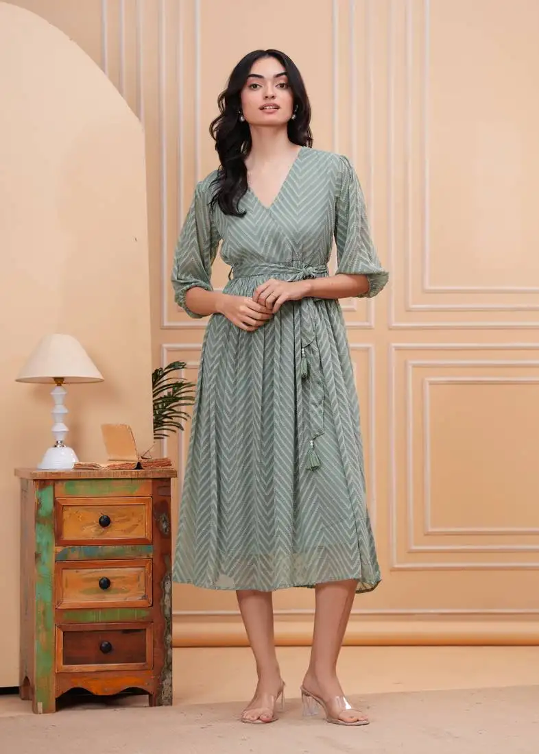 Women georgette fabric lightgreen color v neck calf length half sleeve dress