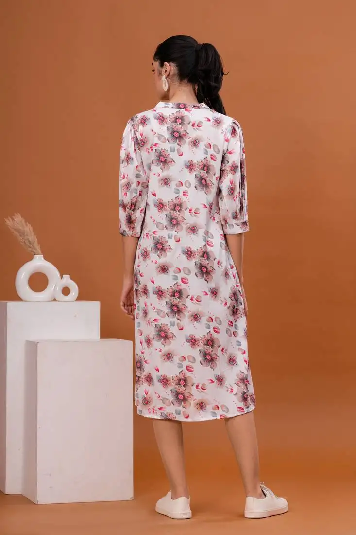 Women crepe fabric white color mandrian neck below knee length 3::4 sleeve dress