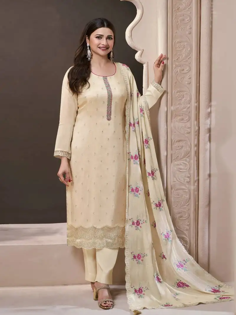 White embroidered silk semi-salwar suit semi stitched