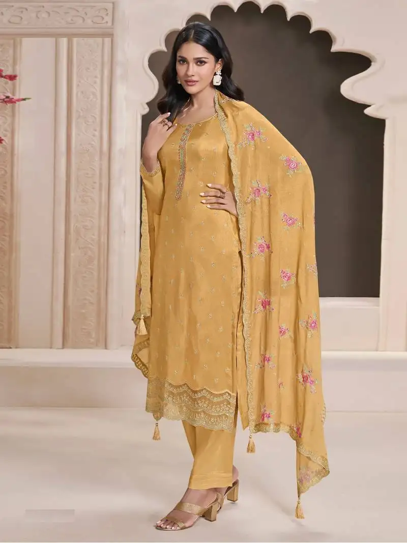 Yellow embroidered silk semi-salwar suit semi stitched