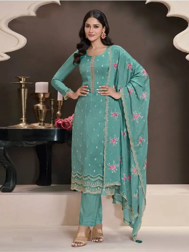 Sky embroidered silk semi-salwar suit semi stitched