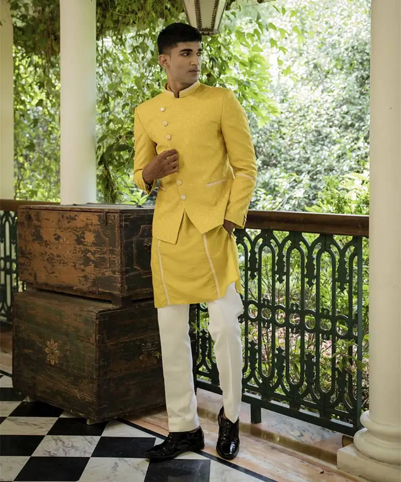 Yellow embroidered cotton silk kurta jacket set