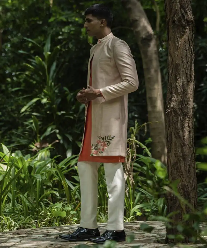 Beige embroidered cotton silk kurta jacket set