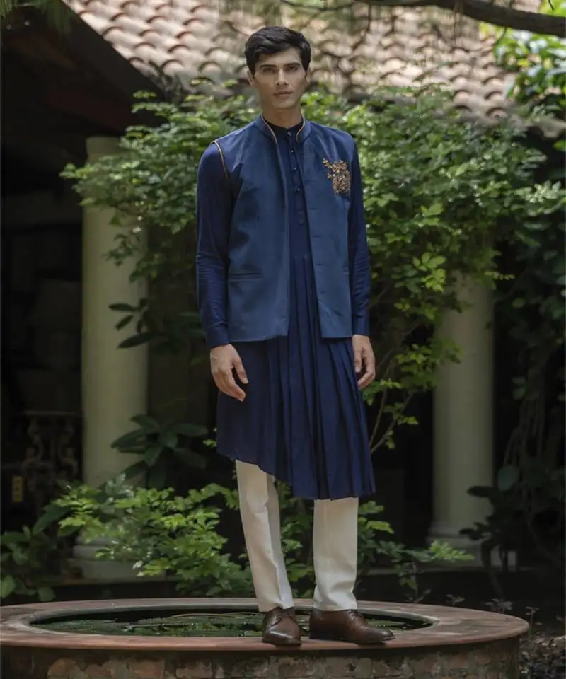 Blue embroidered velvet kurta jacket set