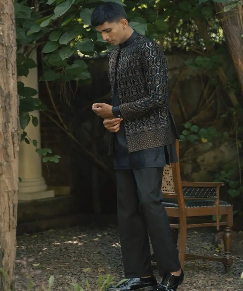 Black embroidered velvet kurta jacket set