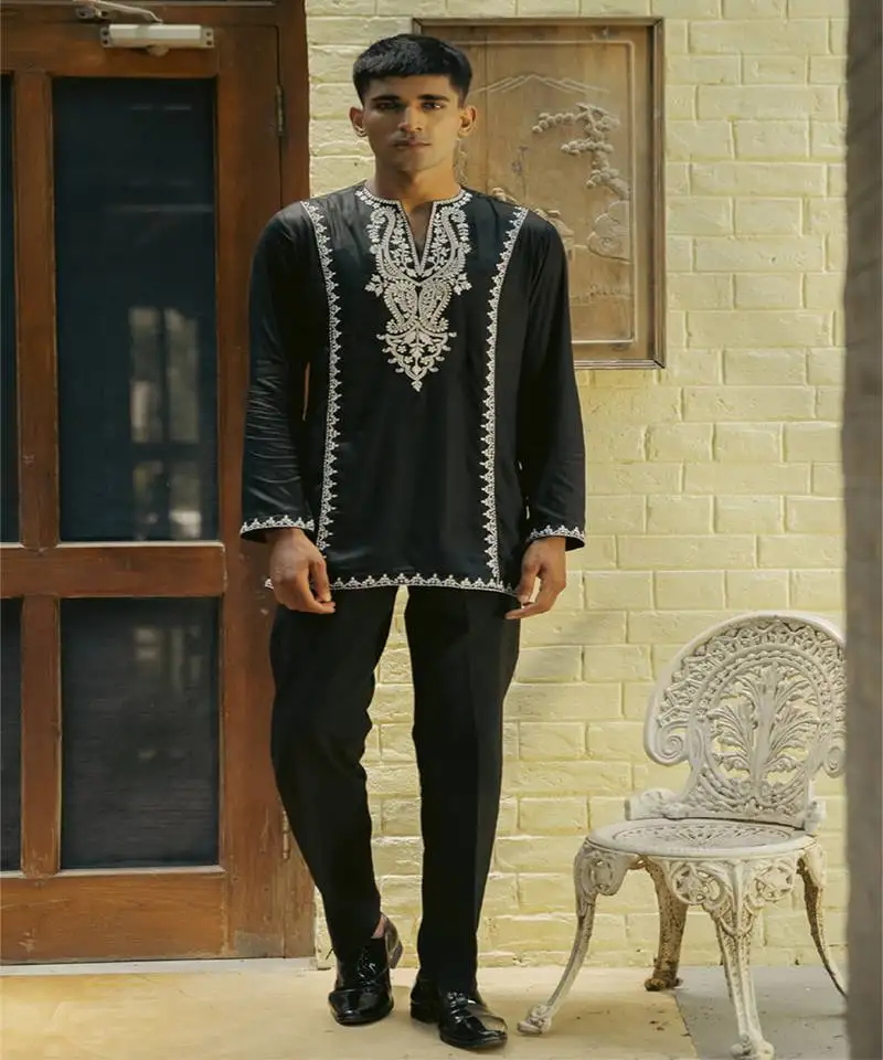 Black embroidered cotton kurta jacket set