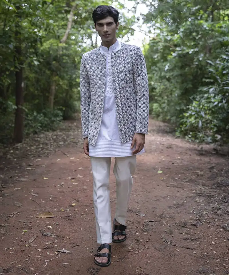 White embroidered velvet kurta jacket set