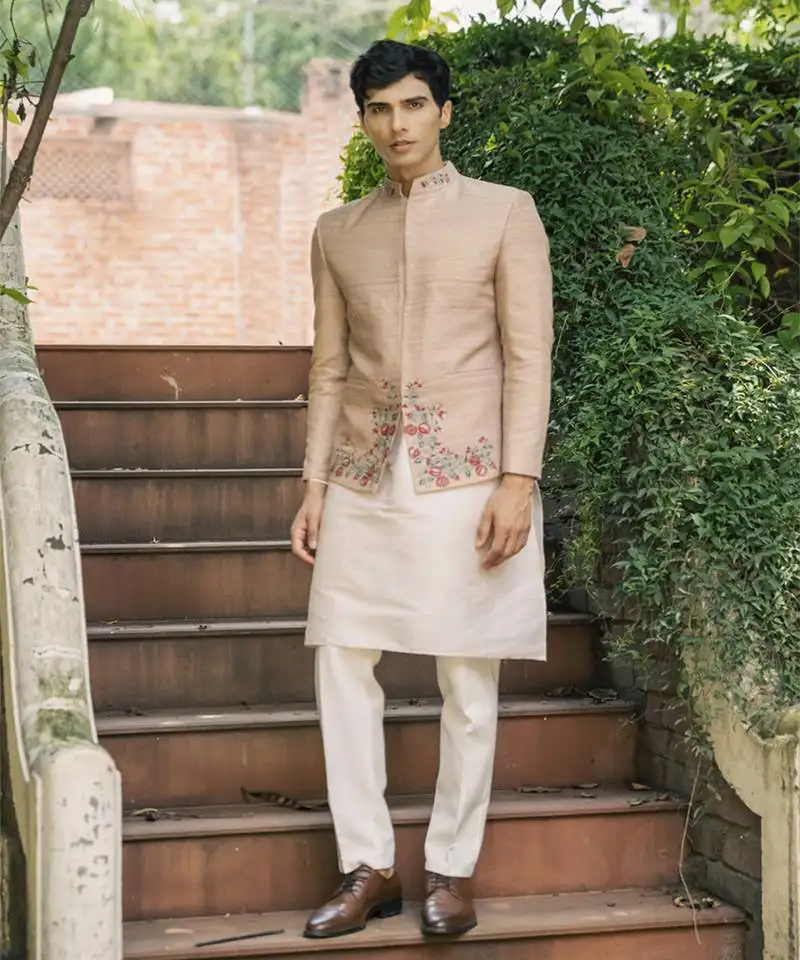 Beige embroidered silk kurta jacket set