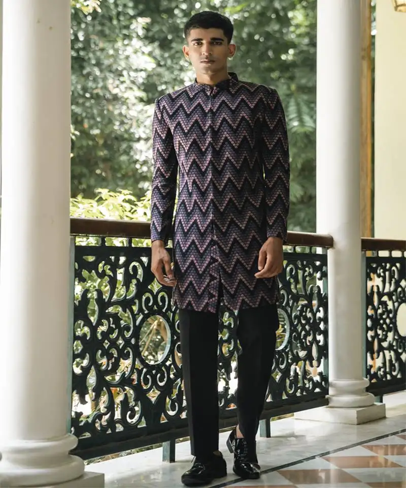 Black embroidered cotton poly achkan