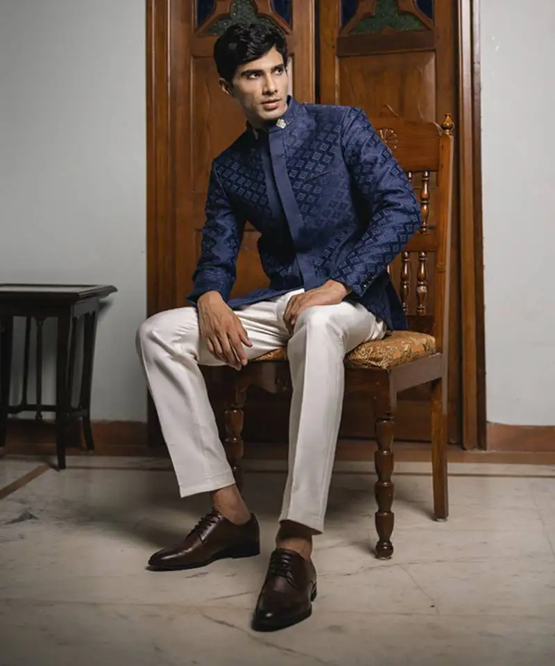 Blue embroidered linen bandhgala suit