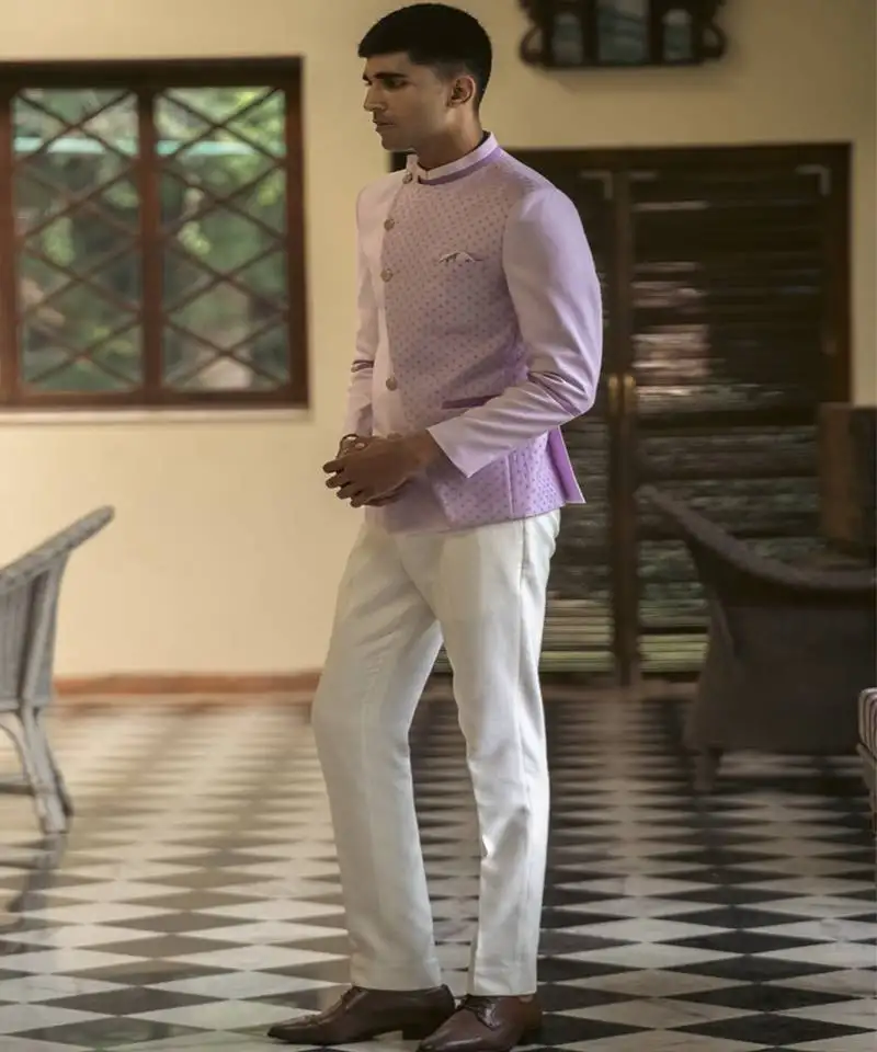 Purple plain cotton silk bandhgala suit