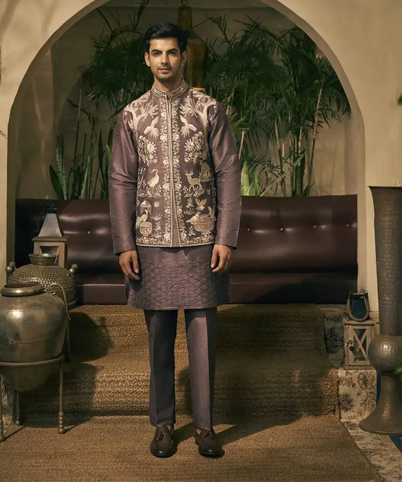 Purple motifs cotton silk kurta jacket set