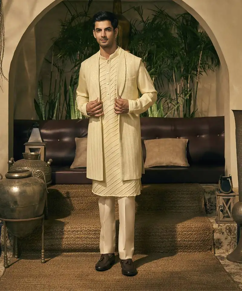 Green embroidery cotton silk kurta jacket set