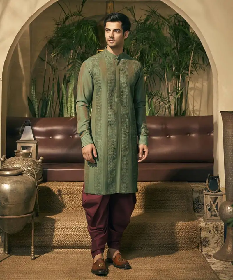 Green stitch detailing cotton silk kurta pajama