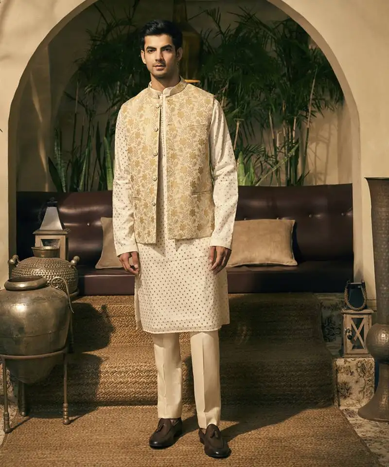 Beige print chanderi kurta jacket set