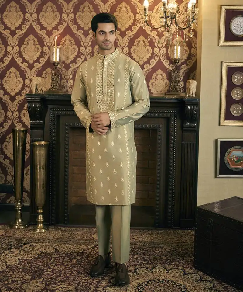 Green mirror work and embroidery cotton silk kurta pajama