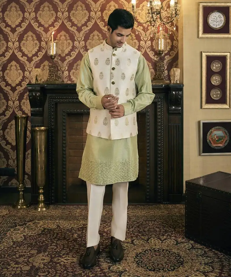 Green embroidery pure raw silk kurta jacket set
