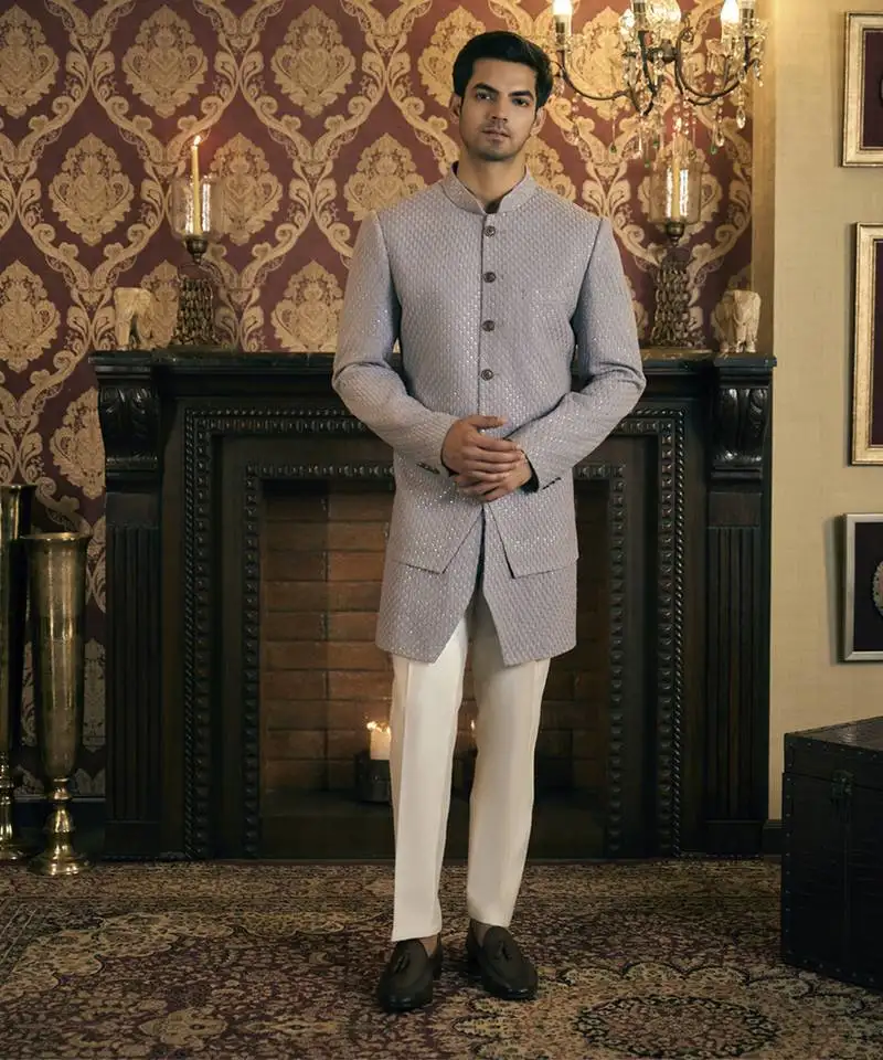 Grey embroidery georgette bandhgala suit