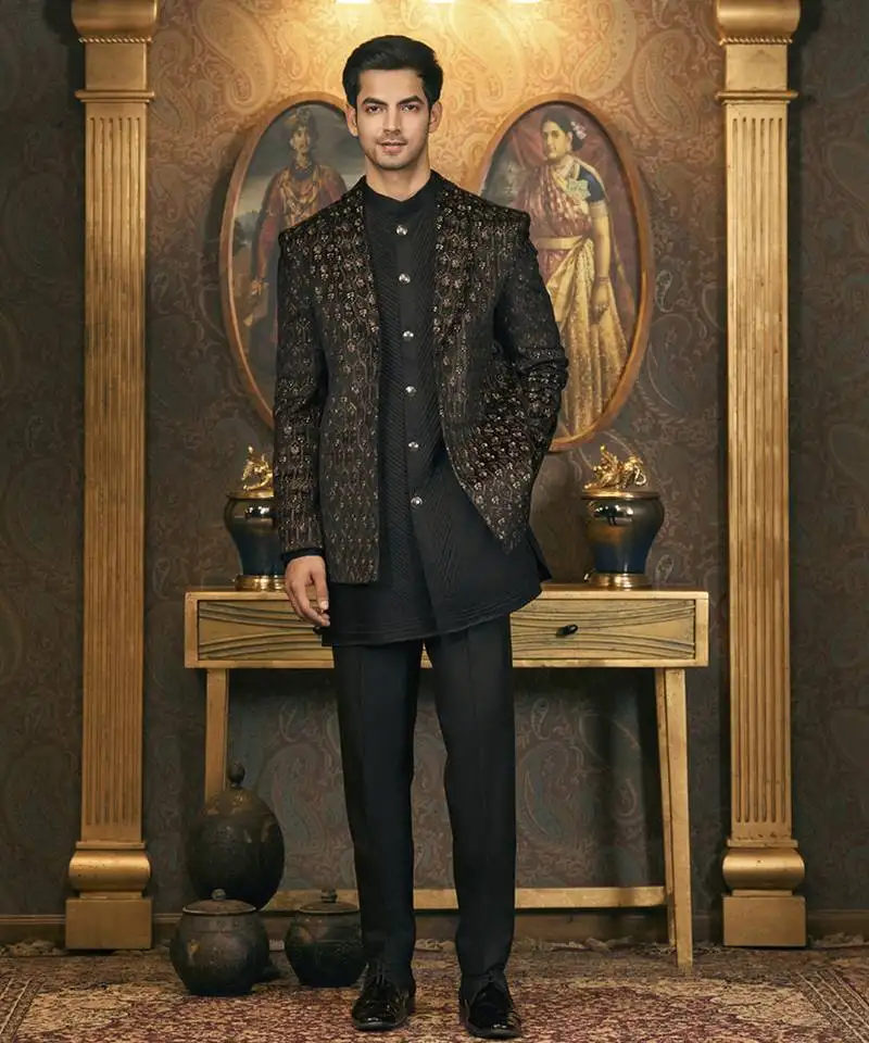 Black embroidery velvet kurta jacket set