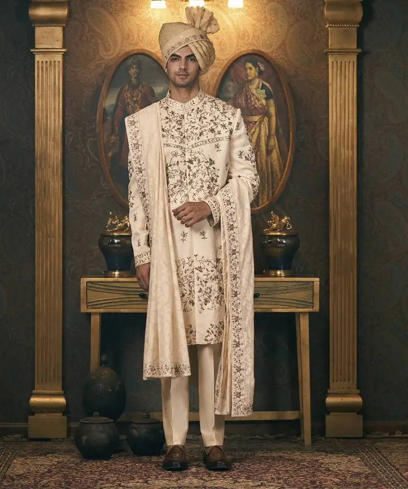 White embroidery chanderi sherwani