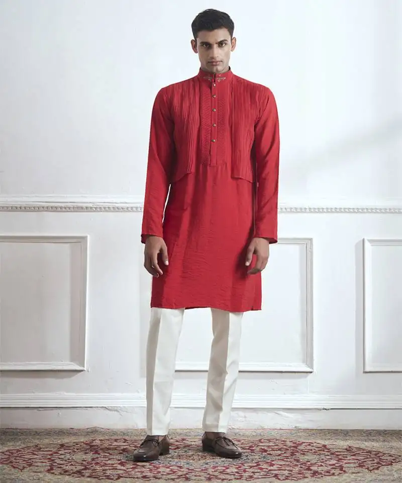 Red embroidered cotton kurta pajama