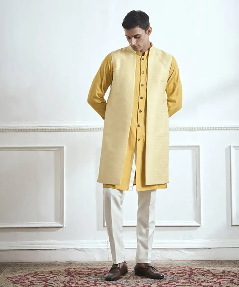 Yellow hand woven cotton kurta jacket set