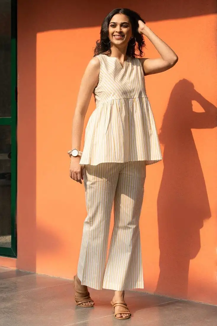 Yellow premium cotton notched neck coord set