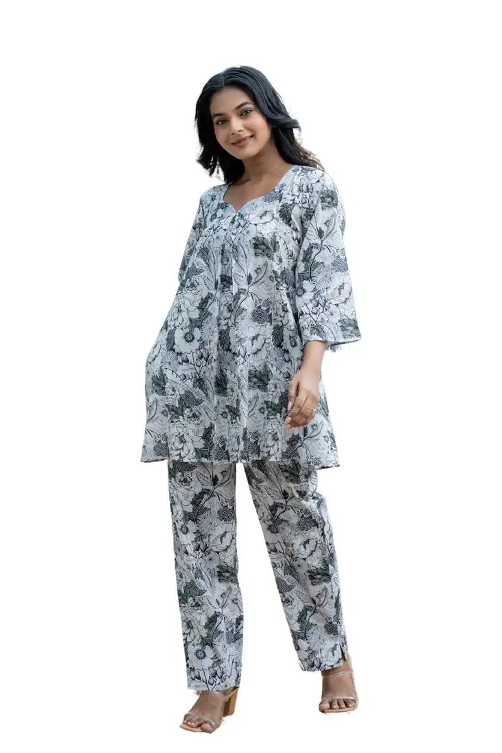 Box pleated all over printed cotton co-ord set