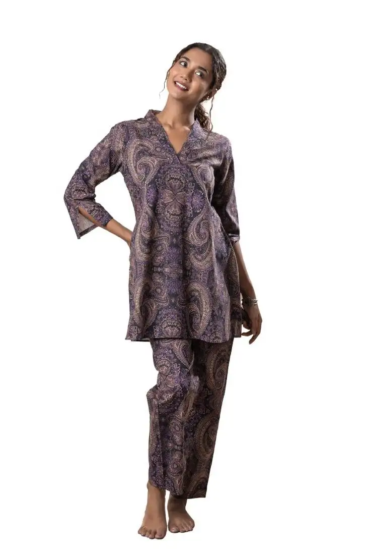 Purple printed cotton flared co-ord set