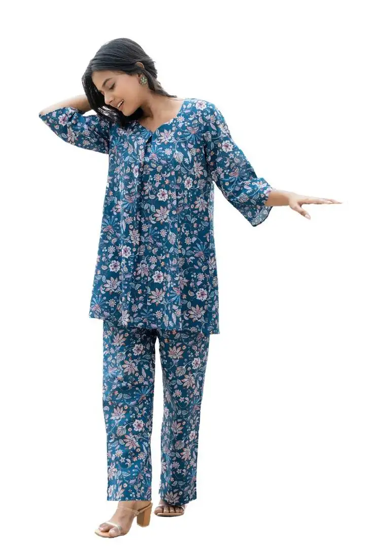 Blue box pleated all over printed cotton co-ord set