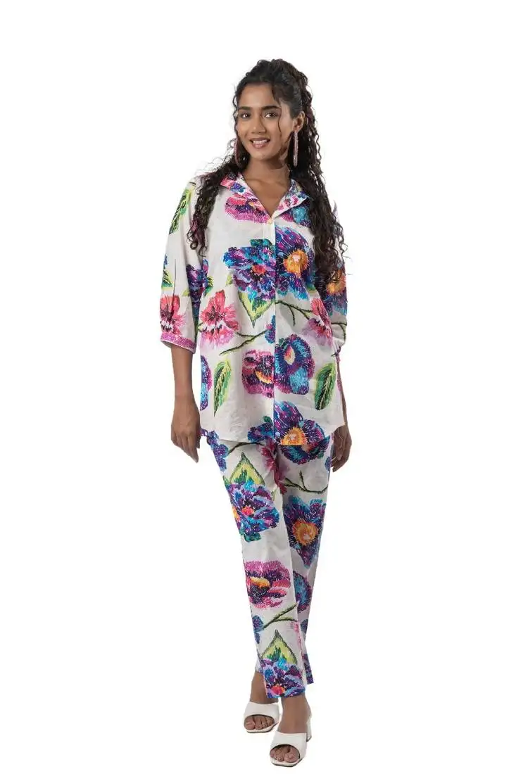 White printed cotton half-buttoned co-ord set