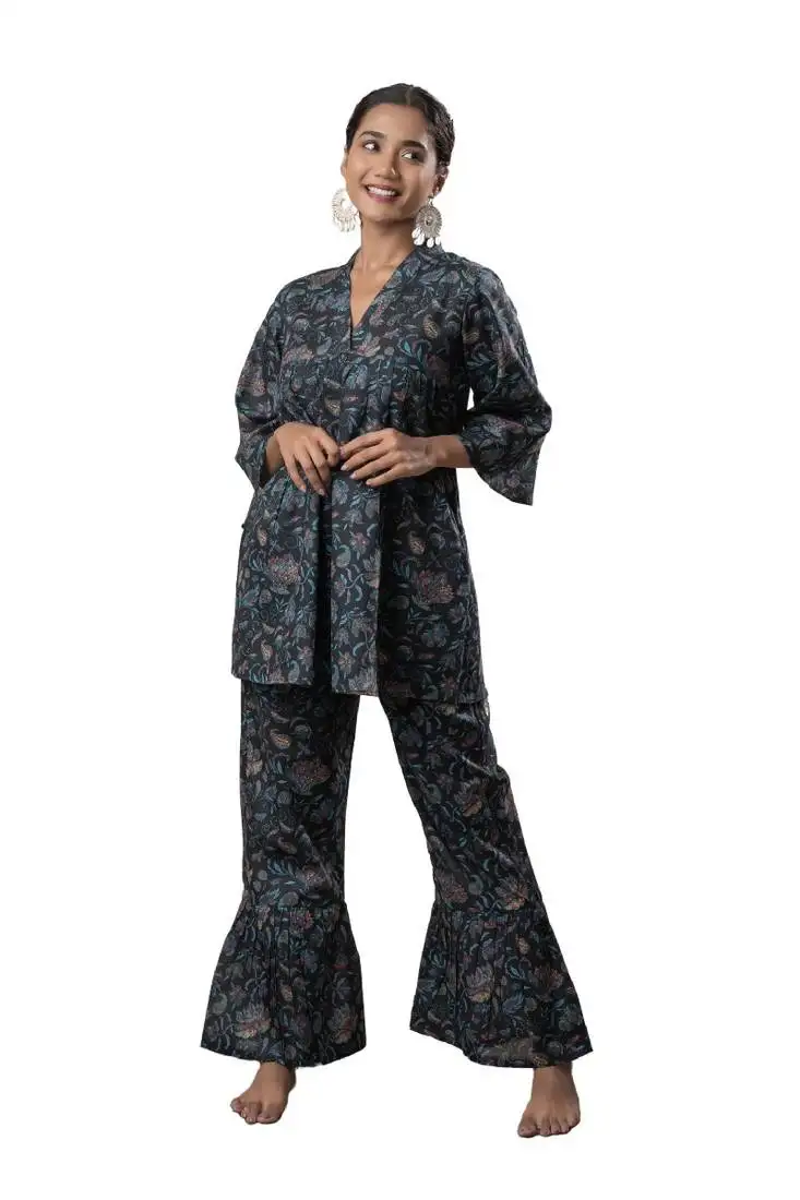 Black printed cotton flared co-ord set