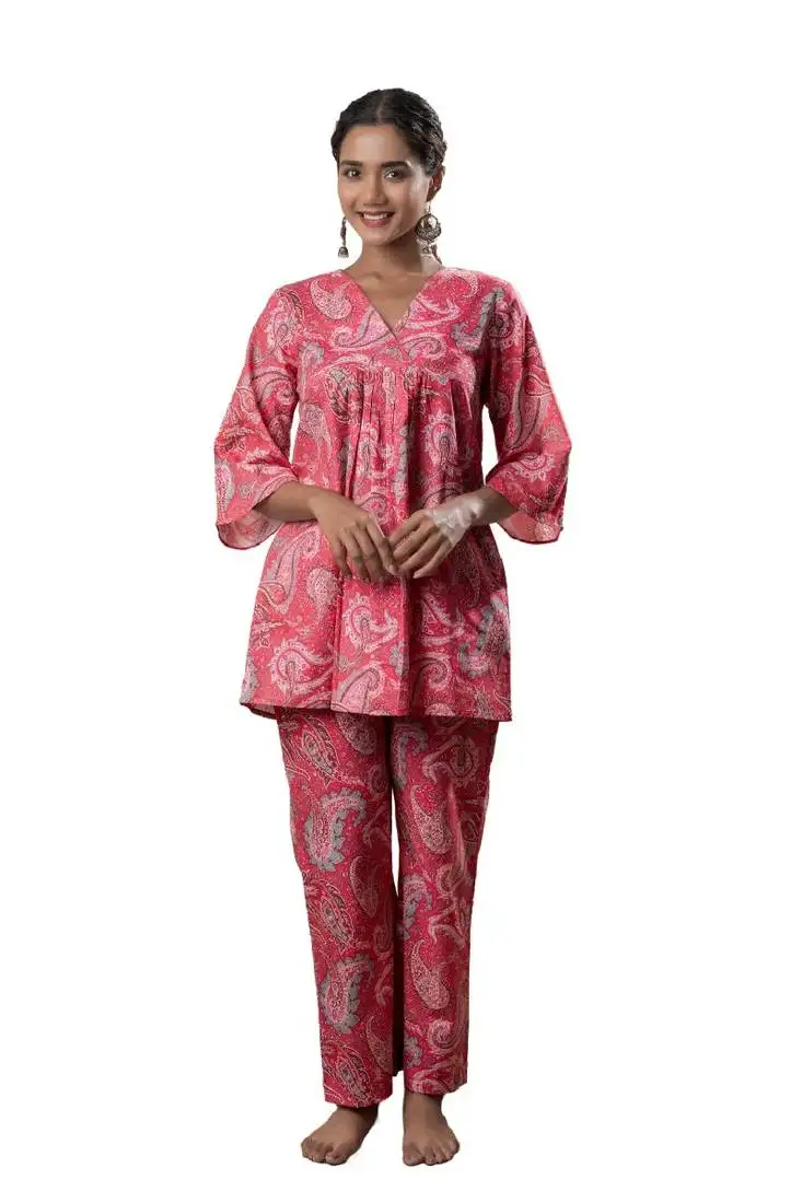 Pink printed cotton a-line flared co-ord set