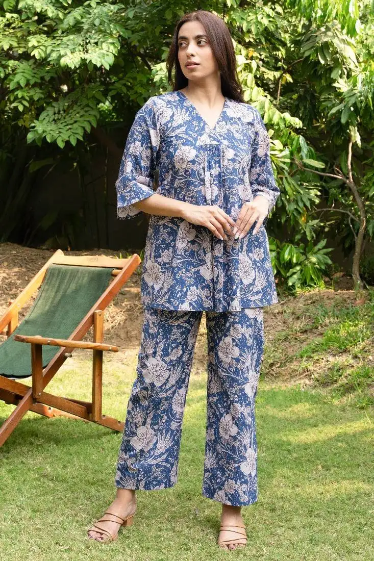 Blue v-neck pure cotton flared coord set