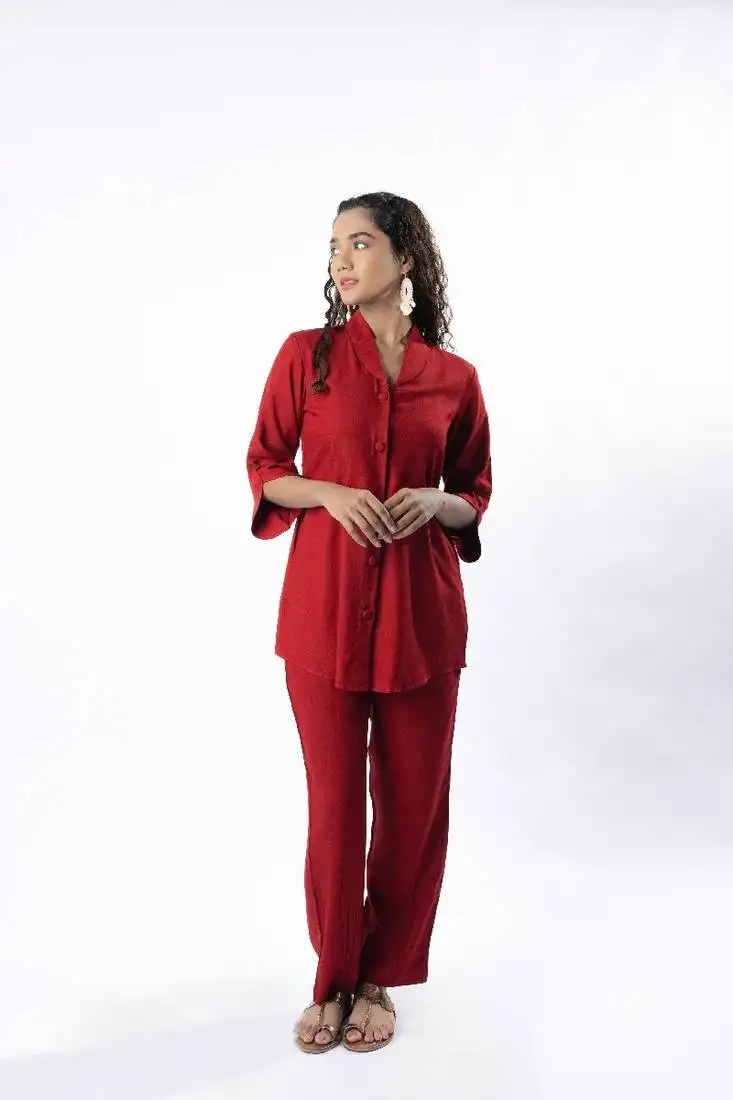 Maroon shawl collar co-ord set with curved sleeves