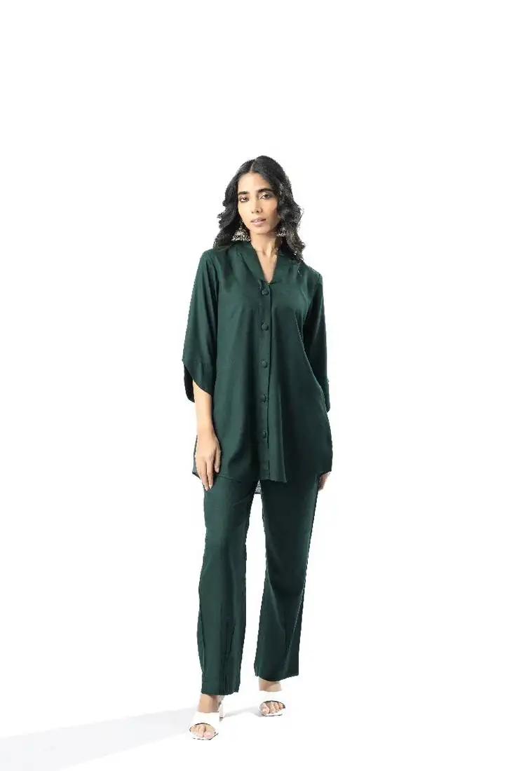 Green shawl collar co-ord set with curved sleeves