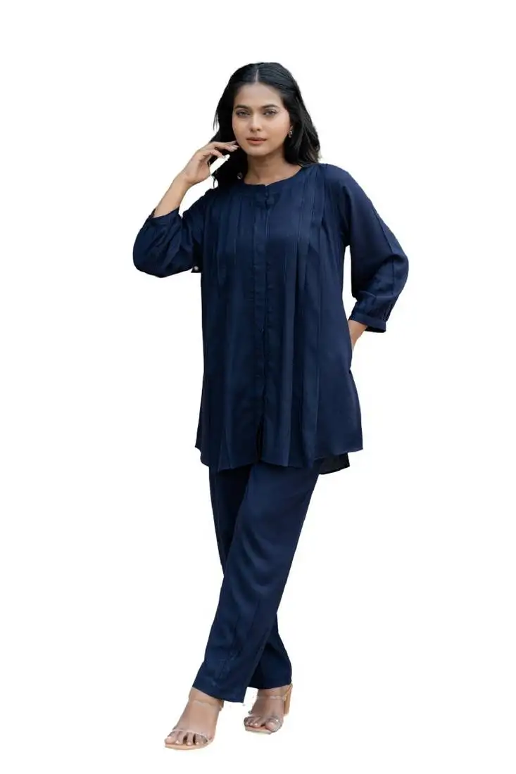 Navy blue front pleated flared co-ord set