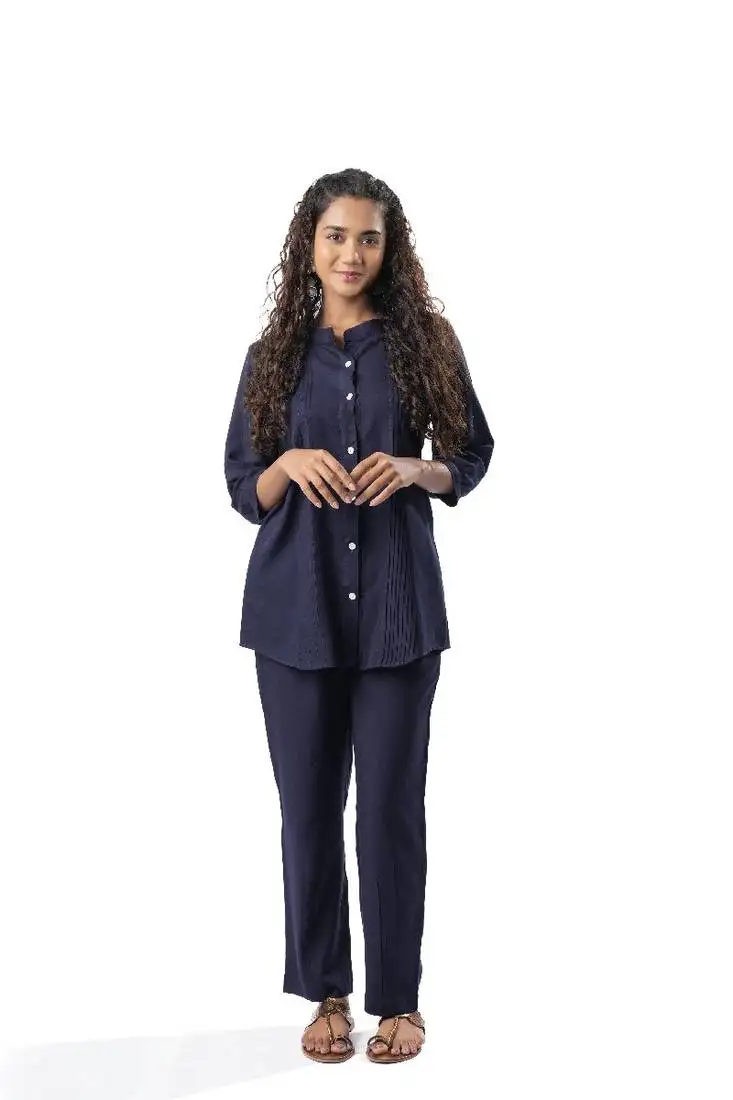 Navy blue pleated band collar co-ord set