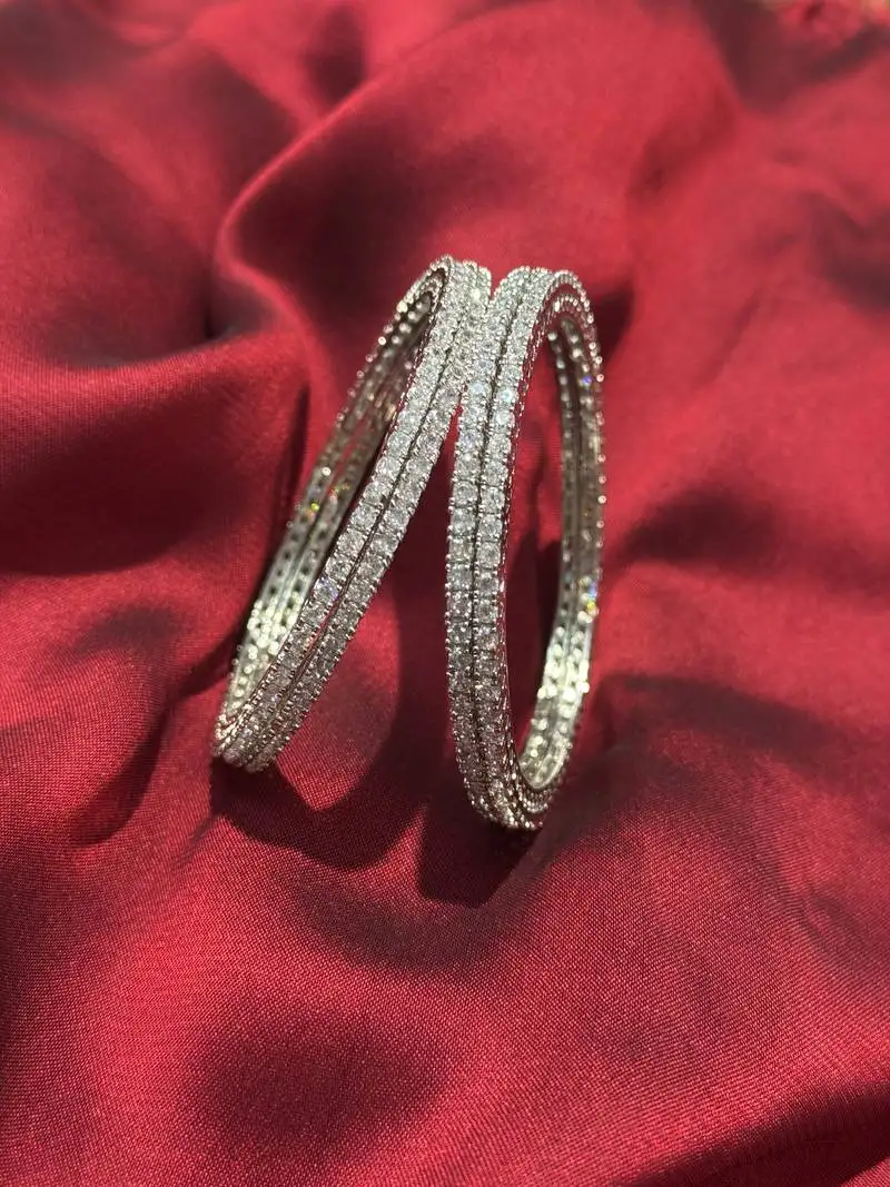 Indian bollywood american diamond silver-plated rhodium kada white stons bangle set imitation bridal jewelry set