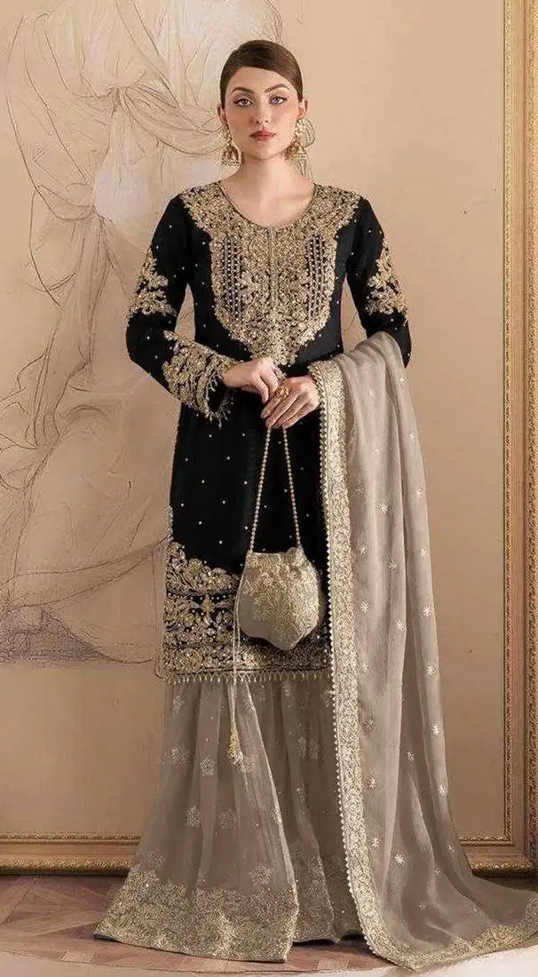 Black embroidered faux georgette with sequence work semi stitched sharara suit