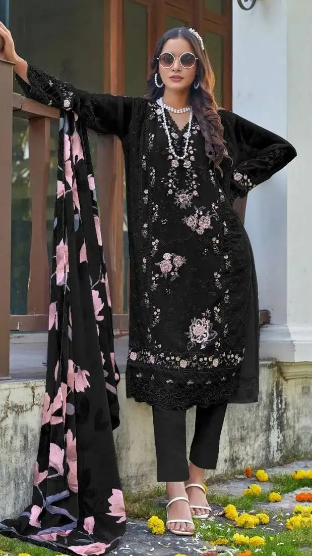 Black embroidered faux georgette with sequence work semi stitched straight suit