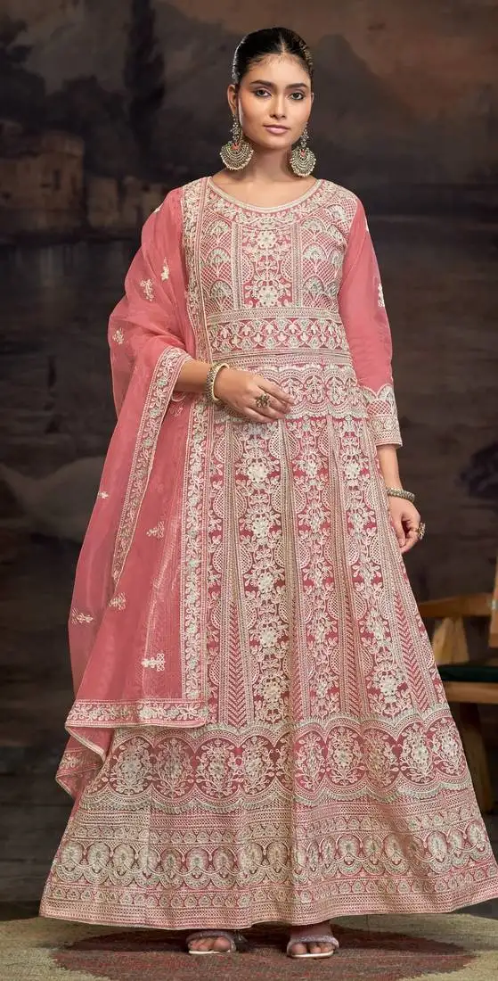 Light pink embroidered twill net with chain work semi stitched anarkali suit