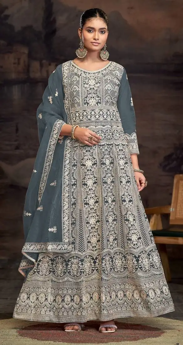 Grey embroidered twill net with chain work semi stitched anarkali suit