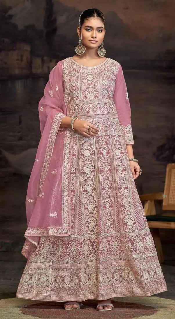 Pink embroidered twill net with chain work semi stitched anarkali suit